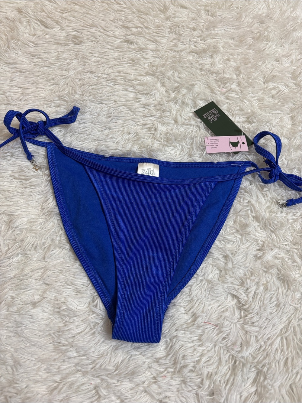 NWT Wild Fable Blue Shiny Ribbed Adjustable Waist Low Rise High Leg Swim Bottoms